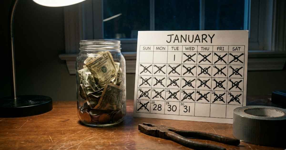 Savings jar with cash and a crossed-out January calendar on a wooden desk.