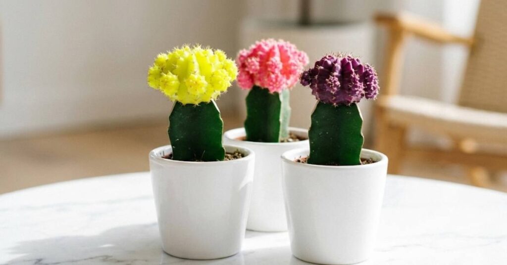 Cacti Secrets: The Ultimate Guide to Moonlight Cactus, Purple Pears, and Growing from Seed 4 Yellow, pink, and purple moon cacti grafted on green stems on a marble table.