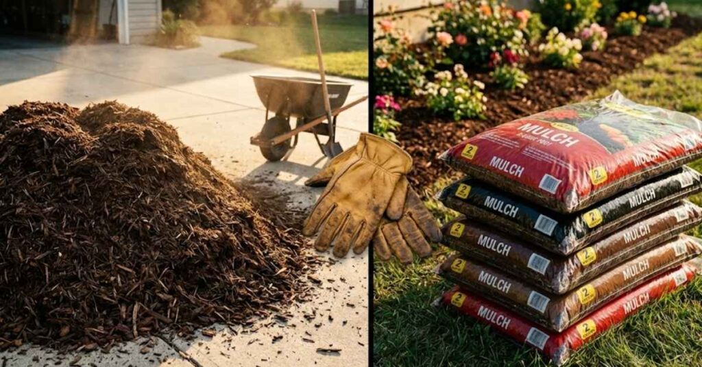 How Many Bags of Mulch in a Yard? The Only Guide You’ll Ever Need 3 Side by side comparison of bulk mulch and bagged mulch on a driveway.