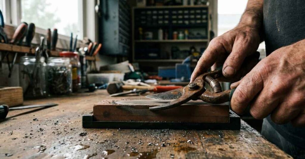 I Stopped Checking My Emails Before 10 AM And This Is What Happened To My Brain 2 Sharpening garden tools on a wooden workbench to reduce stress.