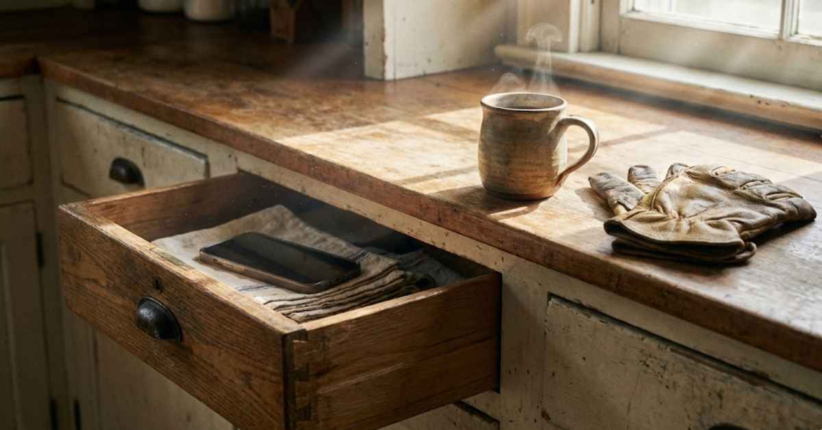 A smartphone hidden in a kitchen drawer to avoid morning anxiety.