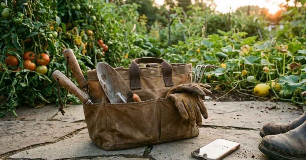 Why People Over 40 Are Ditching Social Media For This 'Old School' Hobby 2 Garden tools and a discarded smartphone on a stone patio.
