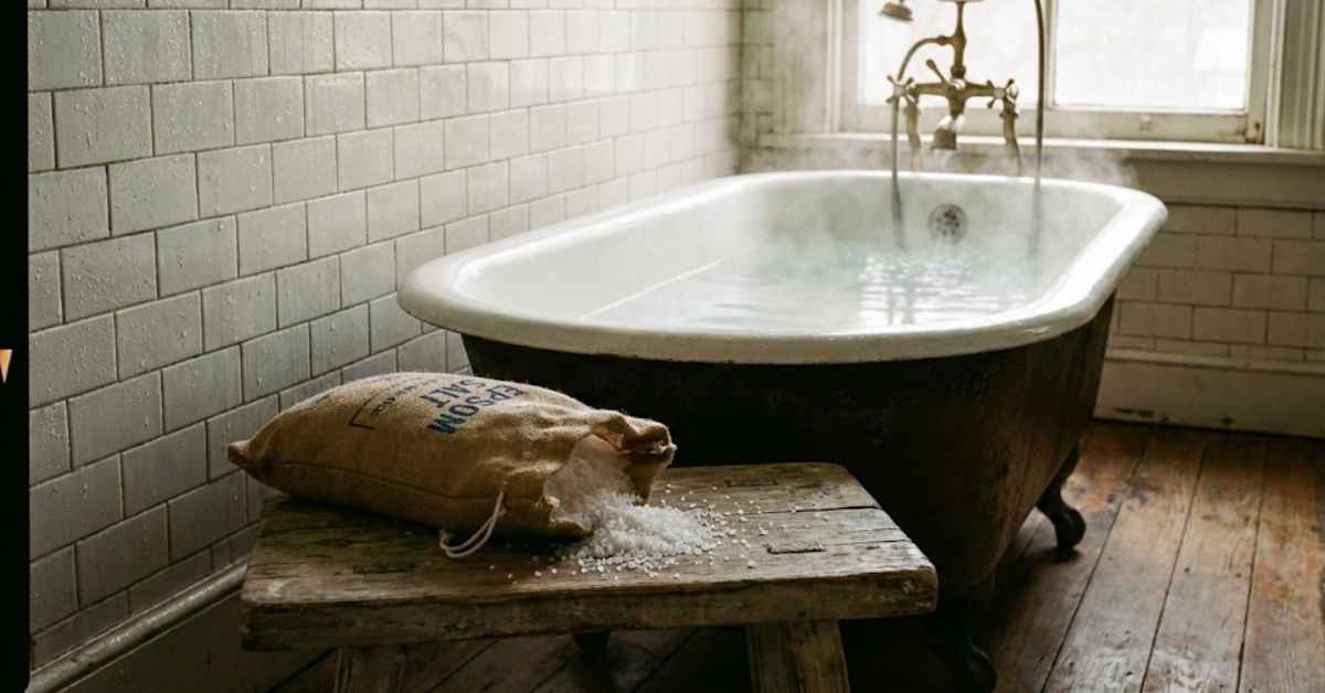 Bag of Epsom salt next to a hot bath for muscle recovery.