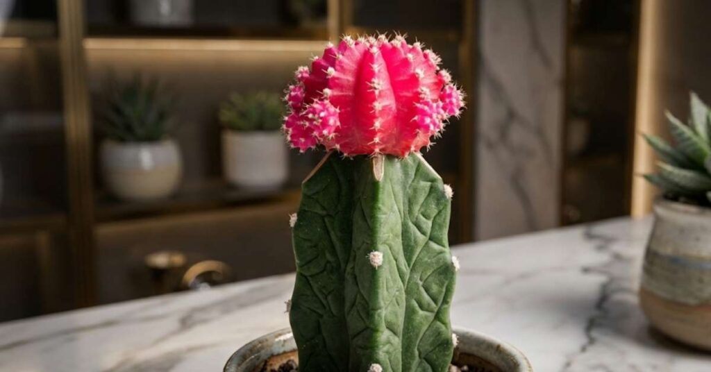Stop Killing Your Moon Cactus: The Professional Guide to Cacti Care and Growing 2 A bright pink moon cactus grafted onto a green stem in a luxury indoor setting.