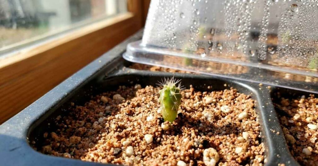 Cacti Secrets: The Ultimate Guide to Moonlight Cactus, Purple Pears, and Growing from Seed 3 Tiny cactus seedlings sprouting from gritty soil in a seed tray.
