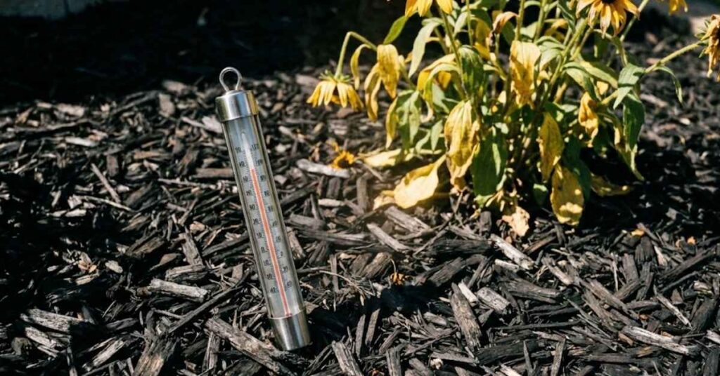 Black Dyed Mulch: The Brutal Truth About Garden Pros, Cons, and Ugly Fungi 5 Measuring soil temperature under dark black mulch to check for plant heat stress.
