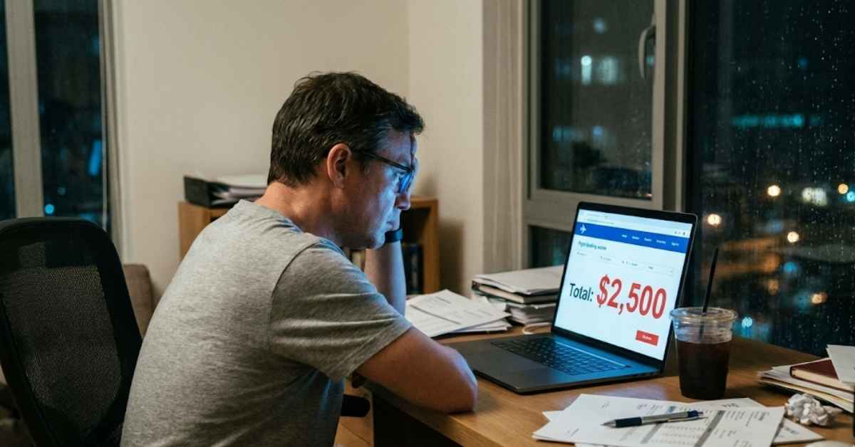 Person frustrated by high flight prices on laptop screen.