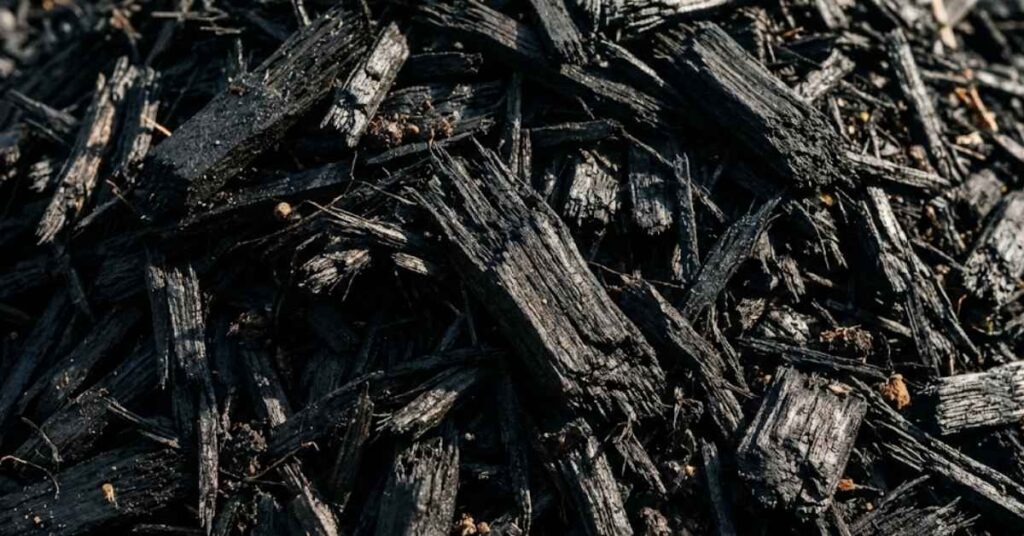Black Dyed Mulch: The Brutal Truth About Garden Pros, Cons, and Ugly Fungi 2 Macro view of black garden wood chips showing wood fiber and black dye.