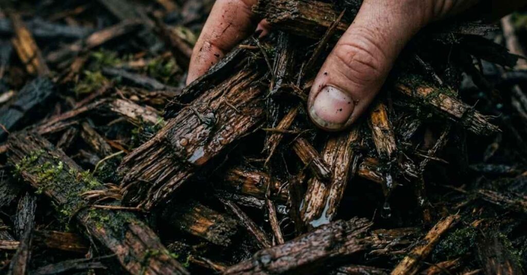 How Many Bags of Mulch in a Yard? The Only Guide You’ll Ever Need 6 Wet mulch texture showing compaction and moisture weight.