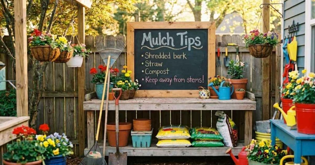 How Many Bags of Mulch in a Yard? The Only Guide You’ll Ever Need 7 Gardening tips chalkboard in a sunny backyard workshop.