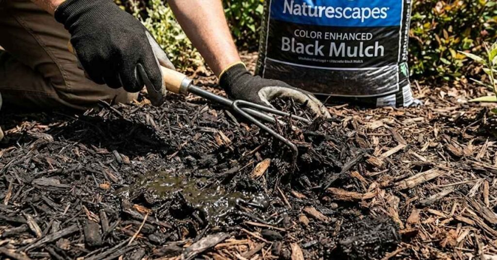 Black Dyed Mulch: The Brutal Truth About Garden Pros, Cons, and Ugly Fungi 6 Raking garden mulch to treat black lawn mold and improve air circulation.