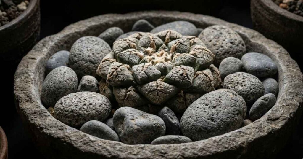 Stop Killing Your Moon Cactus: The Professional Guide to Cacti Care and Growing 6 Ariocarpus living rock cactus plant mimicking stones in a minimalist pot.