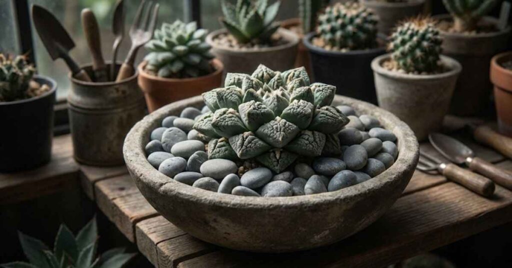 Cacti Secrets: The Ultimate Guide to Moonlight Cactus, Purple Pears, and Growing from Seed 6 An Ariocarpus living rock cactus plant camouflaged among grey stones.