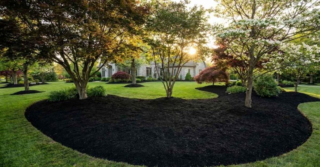 Black Dyed Mulch: The Brutal Truth About Garden Pros, Cons, and Ugly Fungi 9 Perfectly managed black mulch flower beds in a luxury backyard.