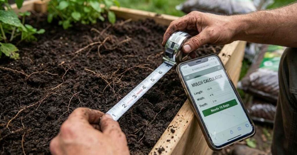 How Many Bags of Mulch in a Yard? The Only Guide You’ll Ever Need 4 Person measuring a garden bed to calculate how many bags of mulch for a yard.
