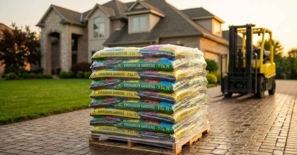 How Many Bags of Mulch in a Yard? The Only Guide You’ll Ever Need 5 A full pallet of mulch bags delivered to a residential driveway.