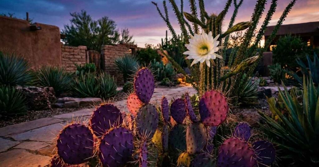 Cacti Secrets: The Ultimate Guide to Moonlight Cactus, Purple Pears, and Growing from Seed 2 A Santa Rita purple prickly pear cactus and moonlight cactus flowering in a desert garden.
