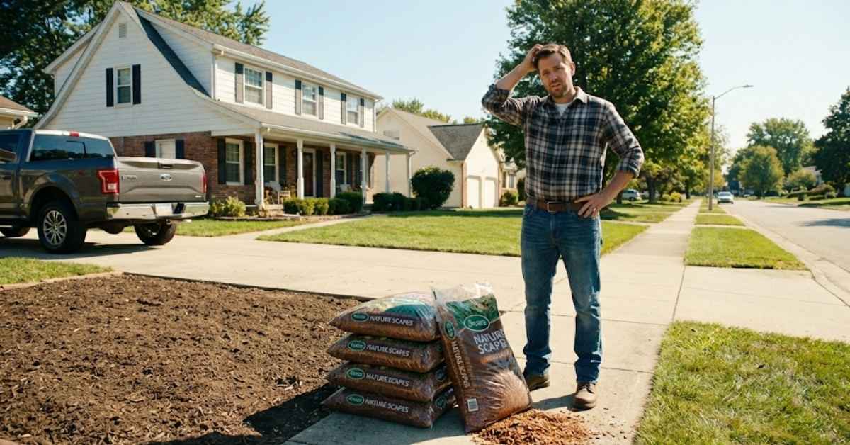 Homeowner calculating how many bags of mulch in a yard for a garden bed.