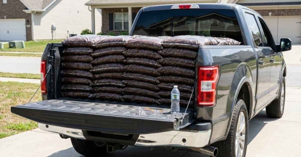 How Many Bags of Mulch in a Yard? The DIY Math Guide to Saving Money 8 Pickup truck loaded with mulch bags for a home improvement project.