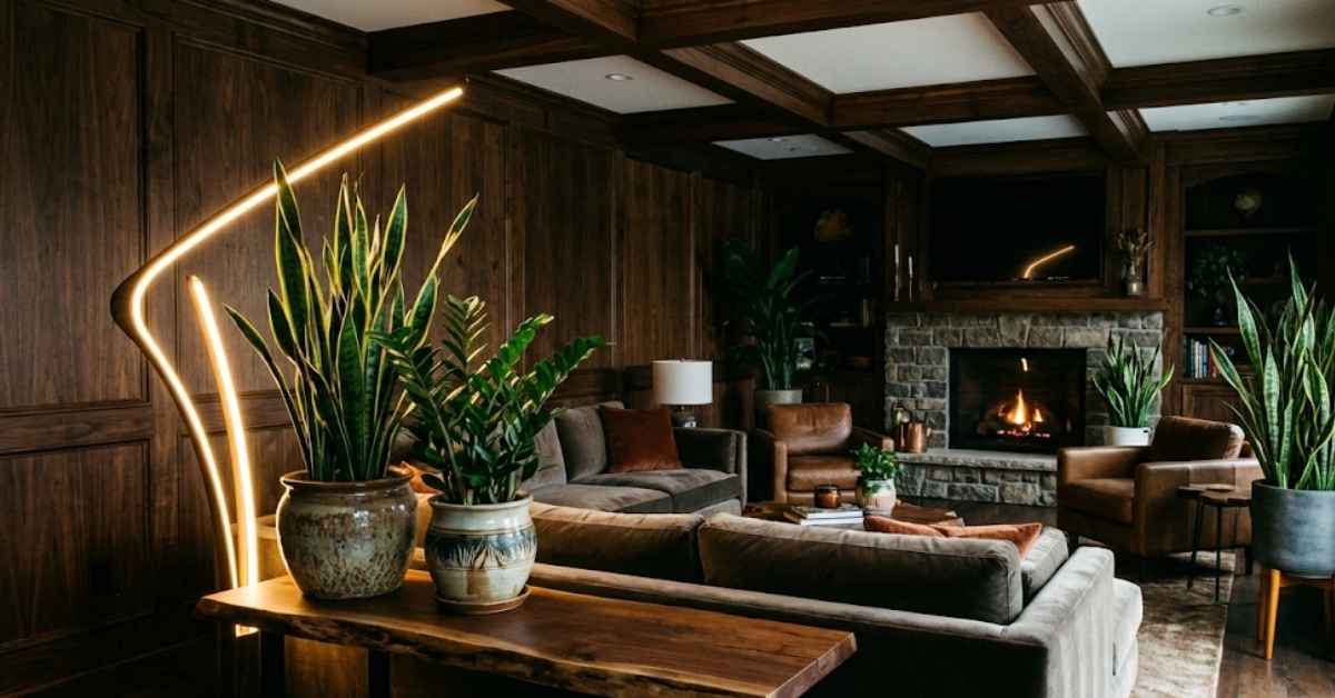 Lush green snake plants and ZZ plants in a modern, well-decorated basement.