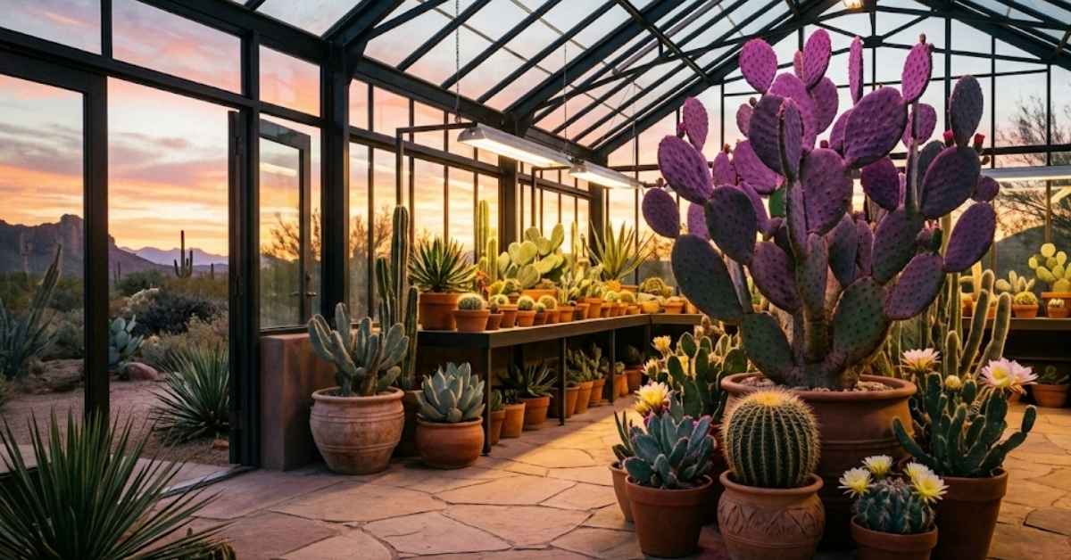 A collection of purple prickly pear and moon cacti in a professional desert greenhouse.