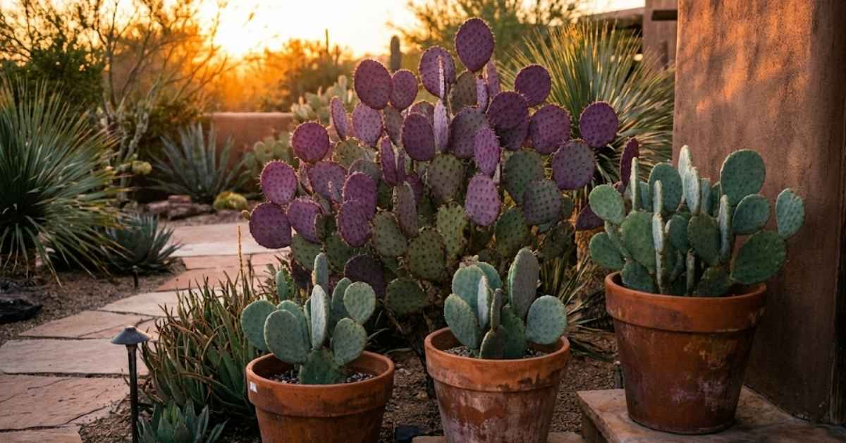 Vibrant purple prickly pear and moon cacti in a high-end desert garden.