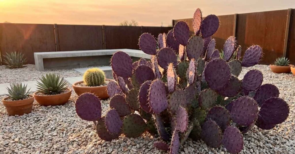 Stop Killing Your Moon Cactus: The Professional Guide to Cacti Care and Growing 3 Santa Rita purple prickly pear cactus with deep violet pads in a desert garden.