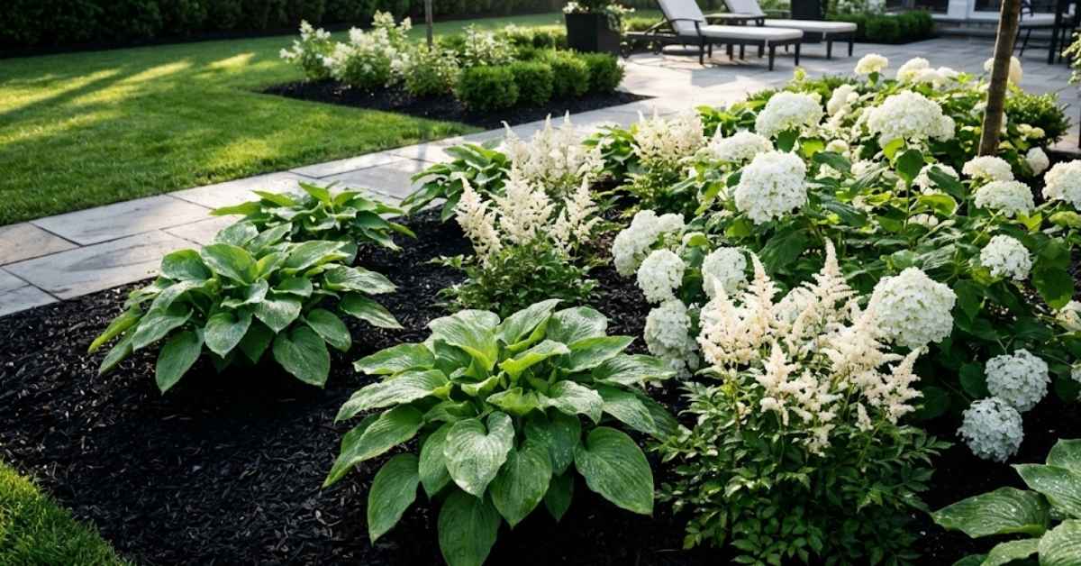 Perfectly maintained black mulch beds around trees in a luxury backyard.