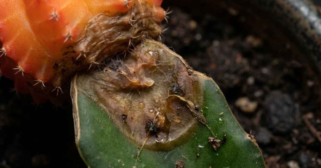 Cacti Secrets: The Ultimate Guide to Moonlight Cactus, Purple Pears, and Growing from Seed 7 Close-up of moon cactus stem rot and decay caused by overwatering.