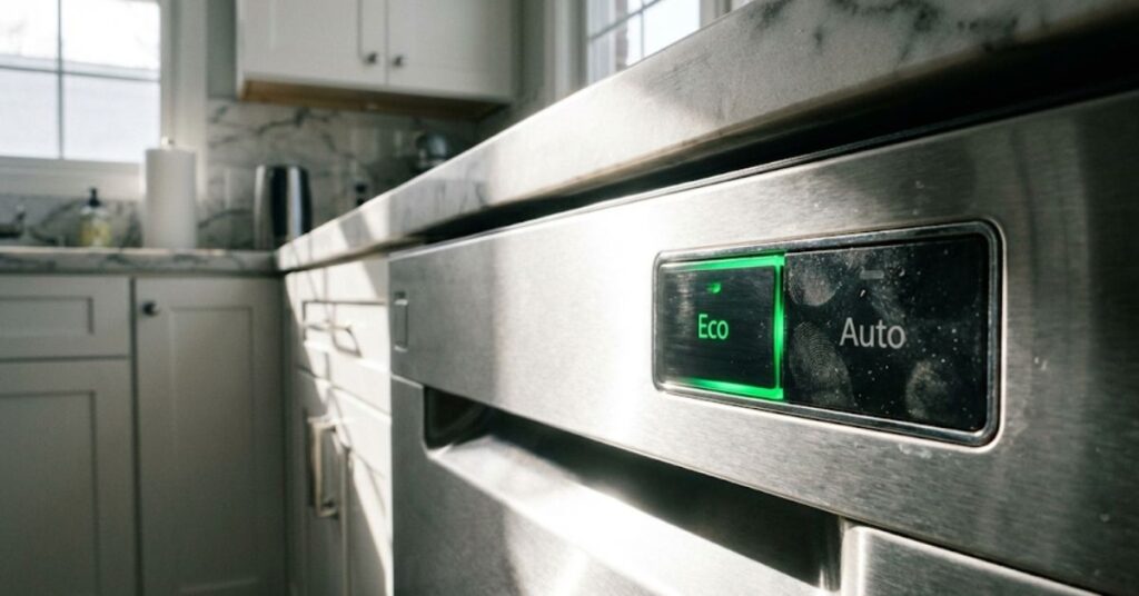 Dishwasher control panel with the Eco mode button highlighted.