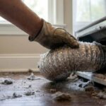 Close up of a dusty and crushed dryer vent hose behind a laundry machine.
