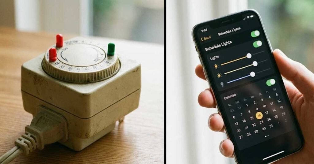 I Tried This $10 Smart Plug Hack for 30 Days and My Security Improved Overnight 3 Side-by-side comparison of an old mechanical timer versus a smart plug app on a phone.