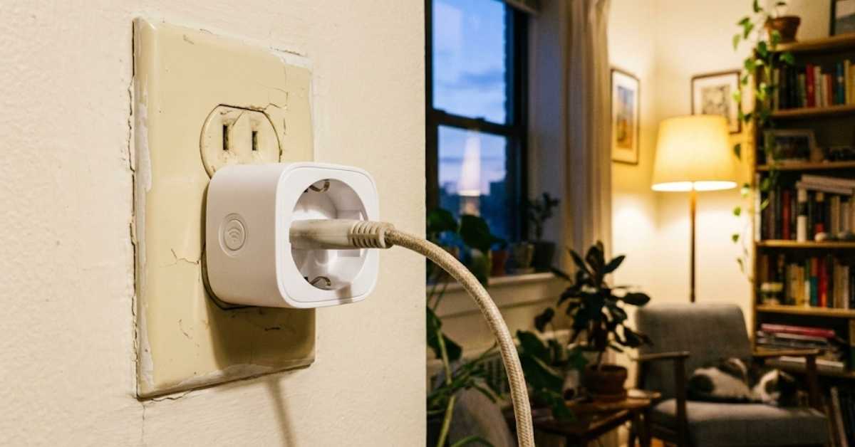 A smart plug installed in a wall outlet powering a floor lamp at dusk.