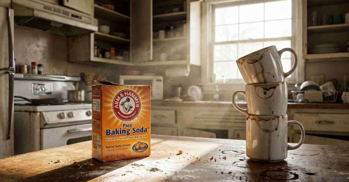 A box of baking soda next to stained coffee mugs on a kitchen counter.