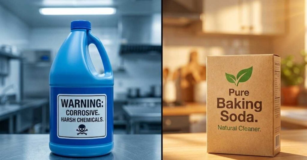 Why I Threw Away My Bleach and Used This $2 Pantry Item to Erase Coffee Stains 3 Side-by-side comparison of a bleach bottle and a baking soda box.
