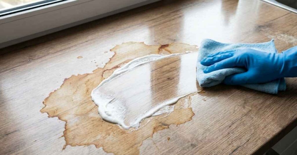 Why I Threw Away My Bleach and Used This $2 Pantry Item to Erase Coffee Stains 4 Cleaning a coffee spill on a laminate countertop with a soft cloth.