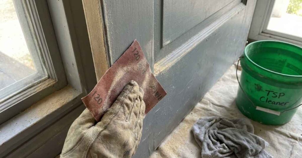 I Painted My Front Door Yellow and My Neighbors Had These 4 Reactions 2 Close-up of sanding a wooden door before painting with sandpaper and cleaning supplies.
