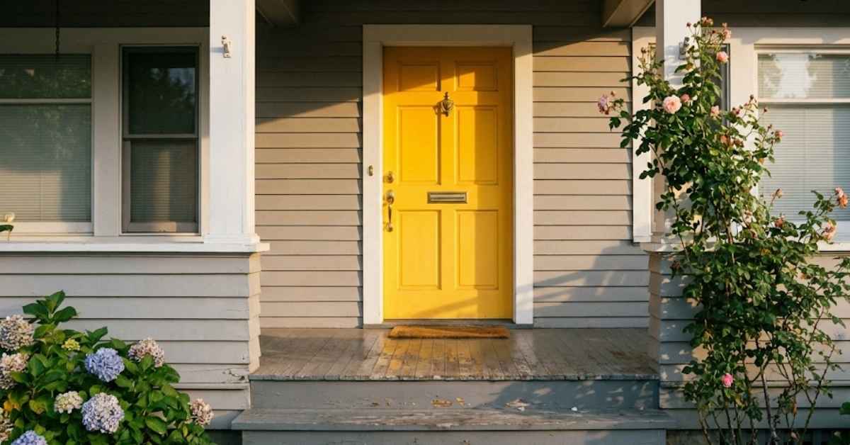 A bright yellow front door on a grey suburban house during golden hour.
