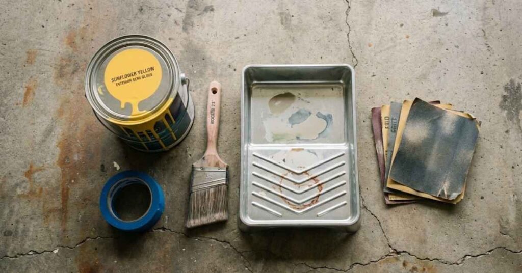 I Painted My Front Door Yellow and My Neighbors Had These 4 Reactions 3 DIY door painting kit including yellow paint, brushes, and blue tape on a garage floor.