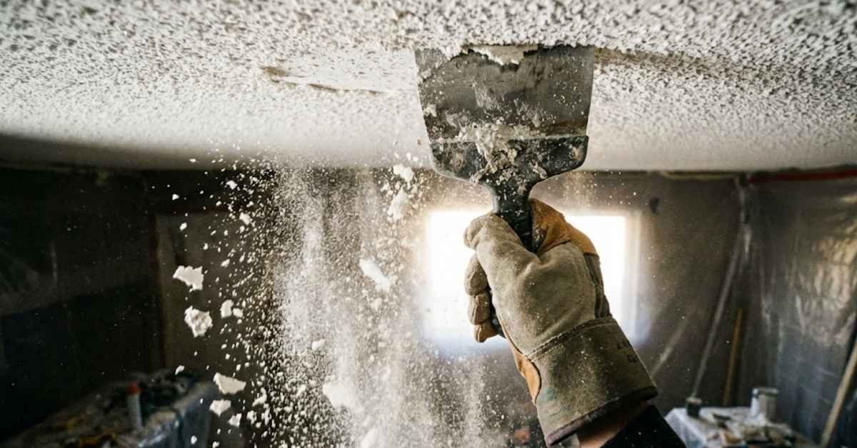 Close-up of a hand scraping a popcorn ceiling creating a visible dust cloud.