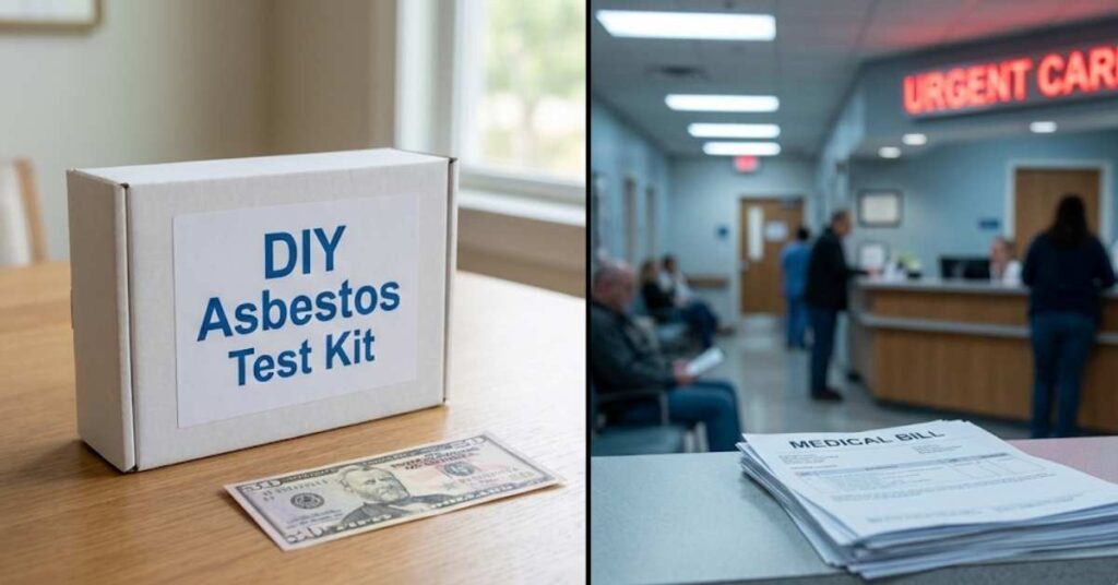 A Master Contractor Reveals Why Scraping Your Popcorn Ceiling Is a Dangerous Health Gamble 3 Split image comparing a cheap asbestos test kit to expensive medical bills.