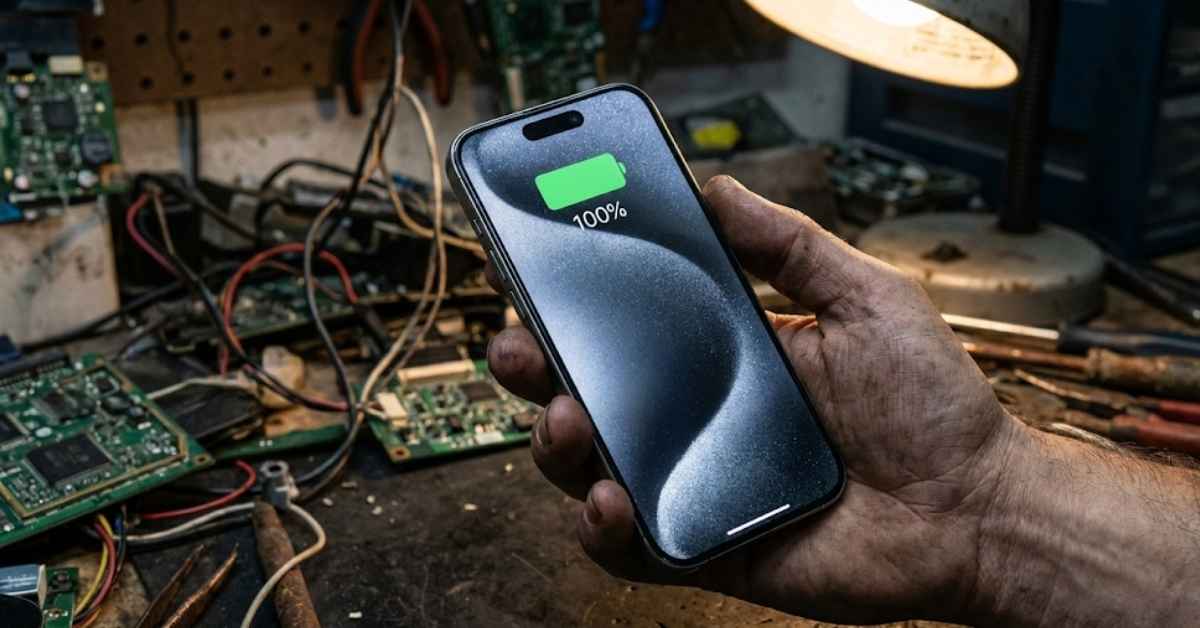 A repair expert's hand holding a smartphone showing 100 percent battery charge.