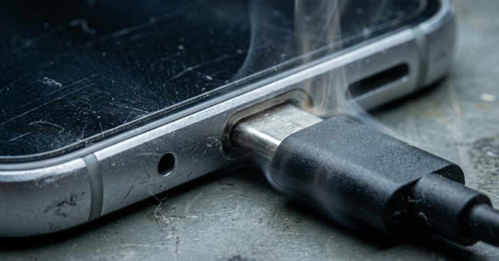 A Tech Repair Veteran Reveals Why Your 100% Phone Charge Is Actually Shortening Its Life 2 Extreme close-up of a smartphone charging cable plugged into a device with heat distortion.