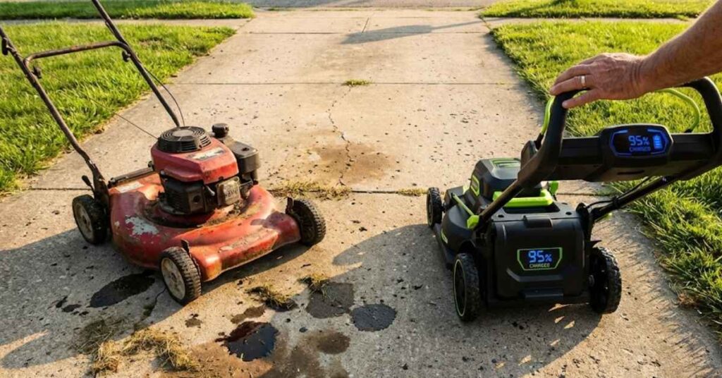 I Swapped My Gas Lawn Mower for Electric and Here Is the Honest Truth After 30 Days 2 A gasoline canister compared to an electric tool charger on a garage floor.