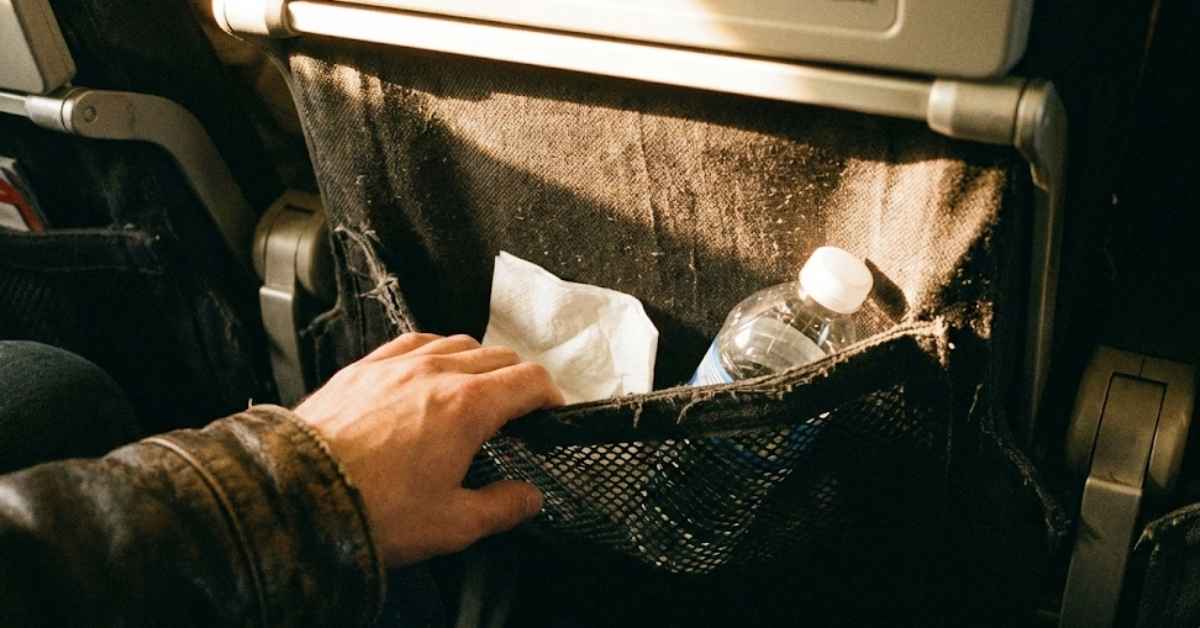 A hand reaching into a dirty airplane seatback pocket.
