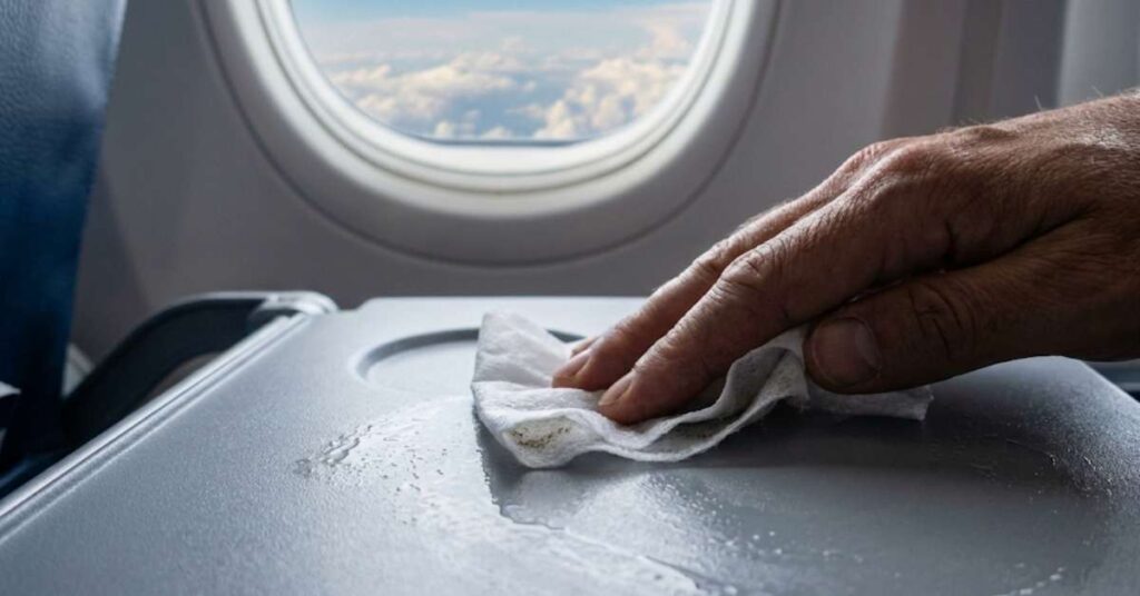 A Former Flight Attendant Reveals Why You Should Never Put Your Phone in the Seatback Pocket 2 Cleaning an airplane tray table with a disinfectant wipe.