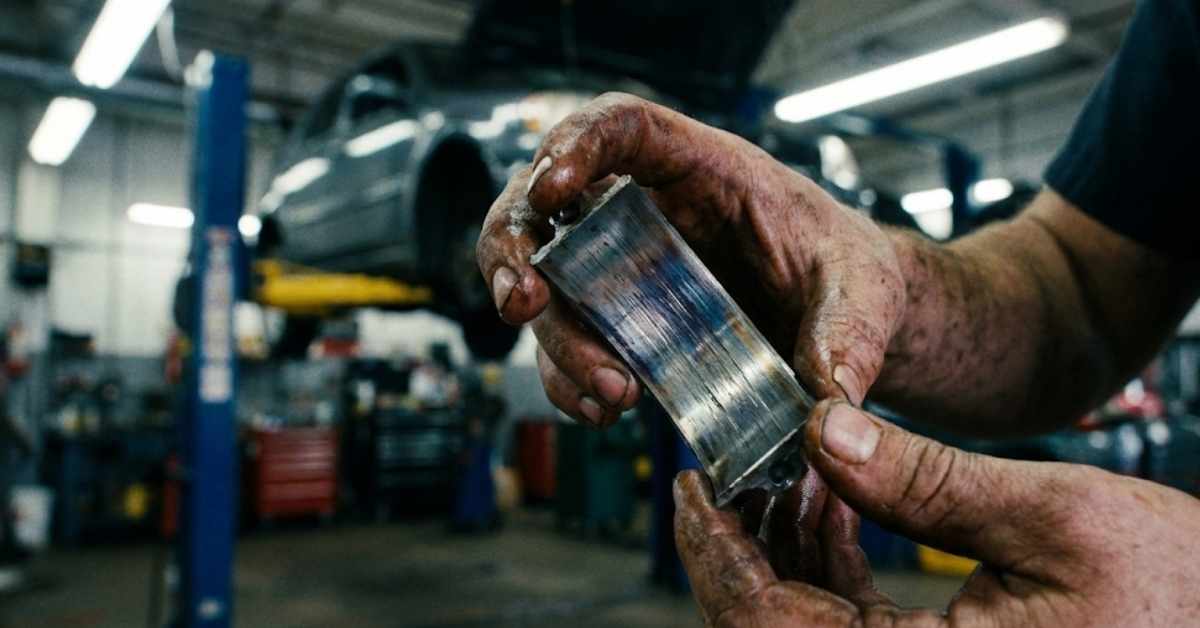 A mechanic holding a damaged engine rod bearing with deep scoring.