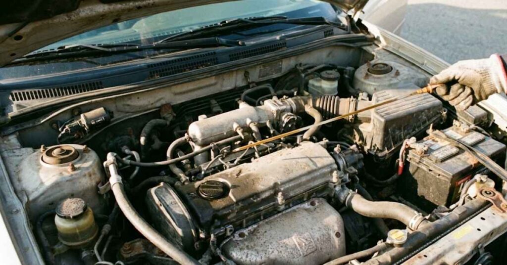A Master Mechanic Reveals the Simple Metallic Knock That Means Your Engine Is Dying 2 Pulling an oil dipstick to check fluid levels in a car engine.
