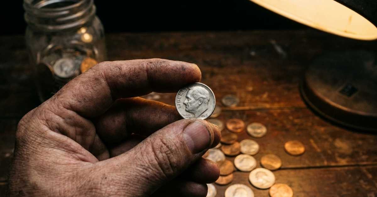 A man inspecting a rare 1982 no mint mark dime with a magnifying glass.