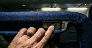 Close-up of a hand pressing the hidden button under an airplane aisle armrest.